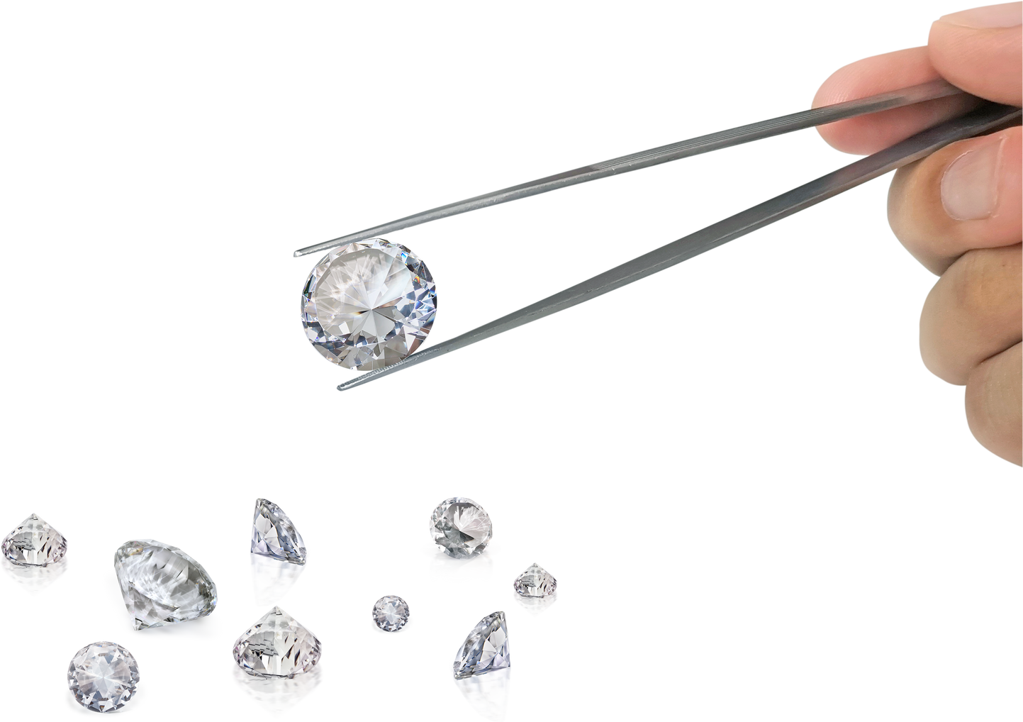 Select cut diamond in diamond tweezers, transparent background